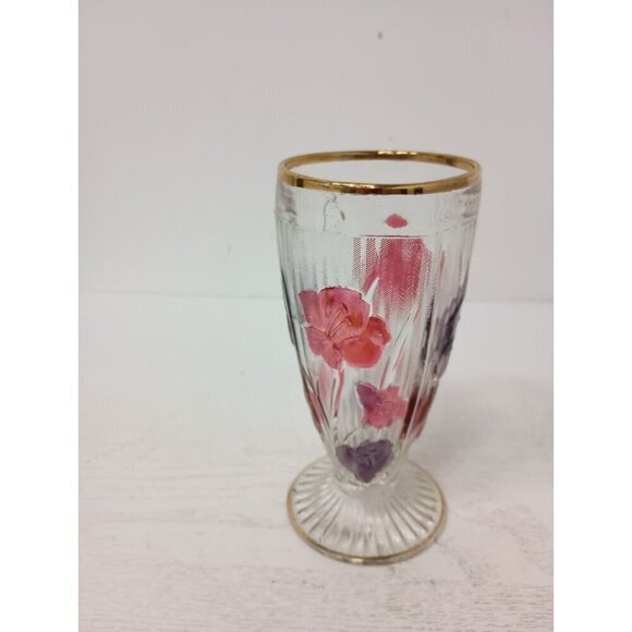 Vintage Carnival Glass Clear Pink Floral Footed Flower Vase Mid Century Modern - Picture 5 of 8